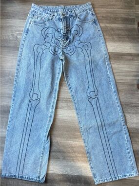 ROMWE Light Blue High-Waist Jeans with Skeleton Print